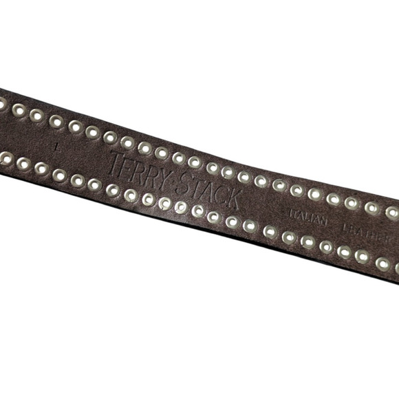 Terry Stack Black Brown Studded Hook and Loop Italian Leather Belt Size Large - Picture 3 of 9